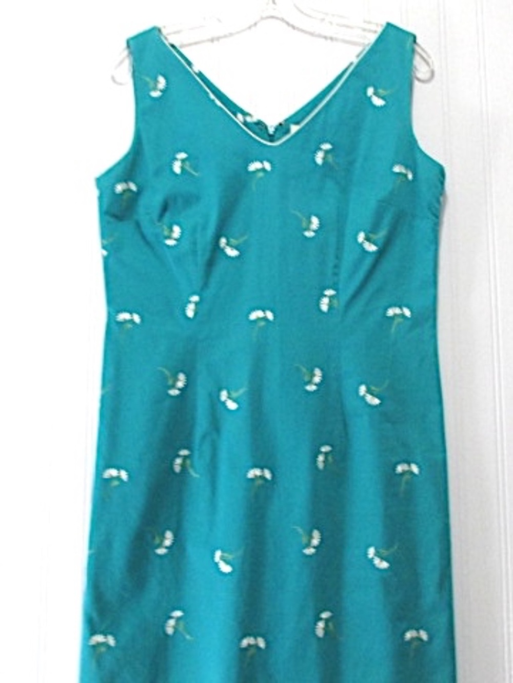 Y2K Cotton Teal Sundress with White Floral Embroidery, Size 8